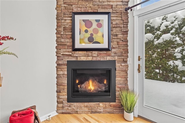 details featuring a stone fireplace and wood finished floors