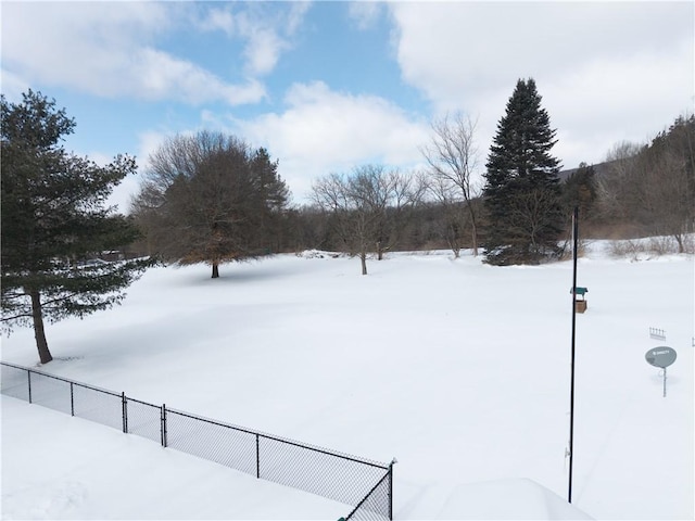 yard layered in snow with fence