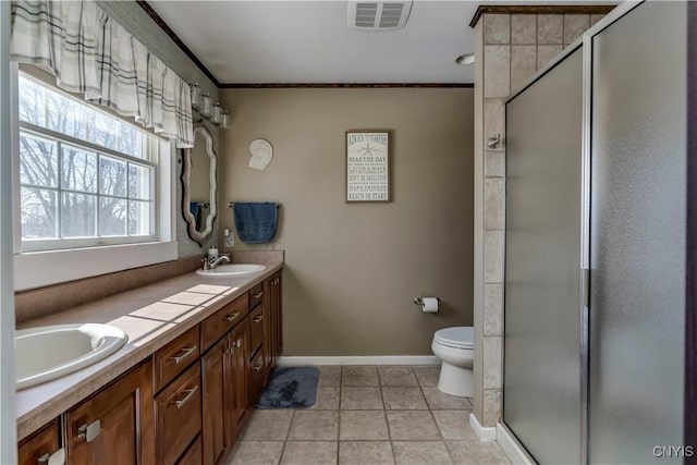 full bath with tile patterned floors, a sink, visible vents, and a shower stall