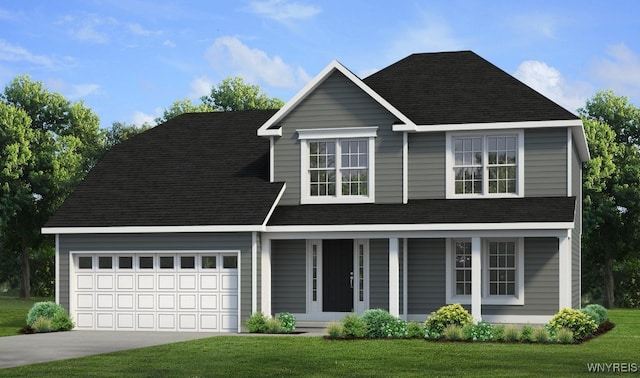 traditional-style home with driveway, a front lawn, and roof with shingles