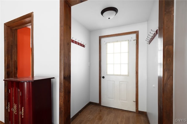 entryway with baseboards and wood finished floors