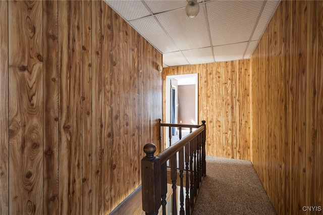 hallway with carpet flooring, an upstairs landing, and wooden walls