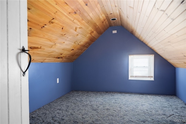 bonus room with carpet floors, lofted ceiling, and wooden ceiling