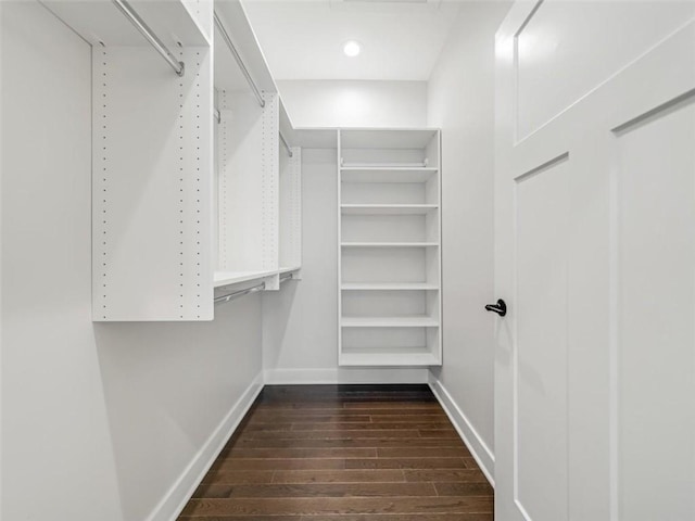 walk in closet featuring dark wood-style flooring