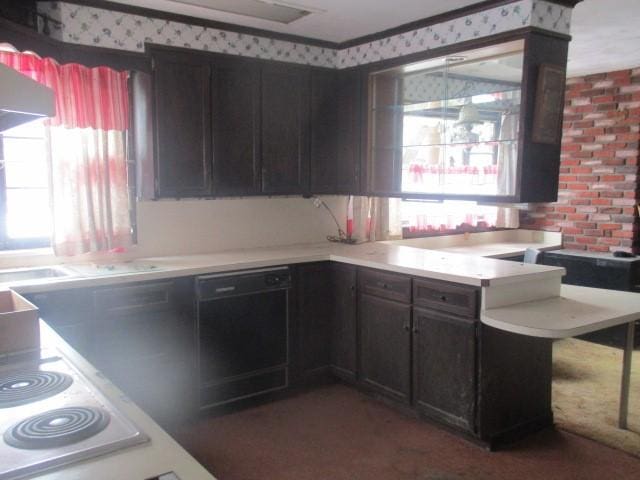 kitchen featuring dark brown cabinetry, exhaust hood, black dishwasher, light countertops, and cooktop