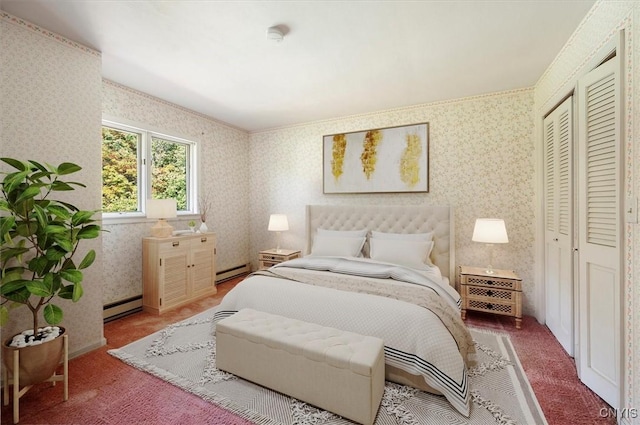 bedroom featuring wallpapered walls, a baseboard radiator, a closet, and carpet flooring