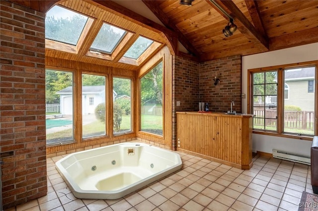 full bathroom with vaulted ceiling with skylight, wooden ceiling, plenty of natural light, and a baseboard radiator