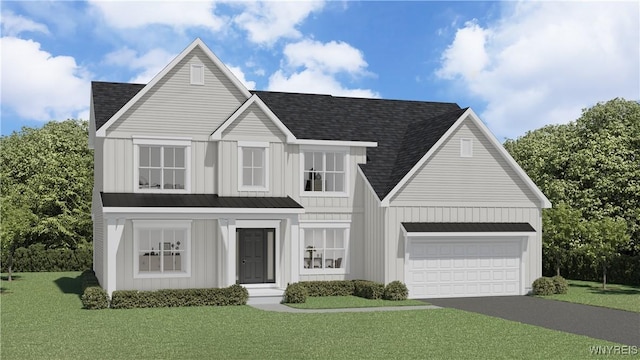 view of front facade with aphalt driveway, roof with shingles, an attached garage, board and batten siding, and a front yard