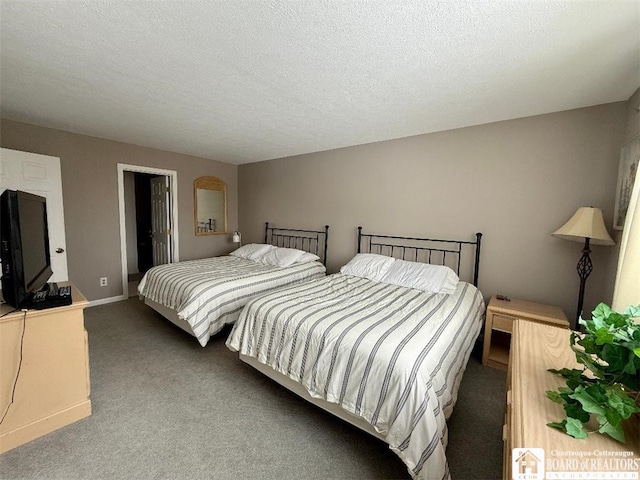 bedroom featuring carpet flooring, a textured ceiling, and baseboards