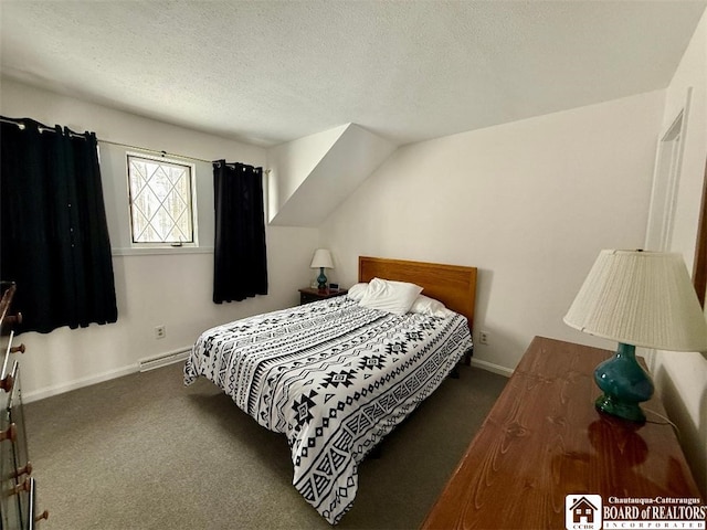 bedroom featuring a baseboard radiator, dark carpet, a textured ceiling, and baseboards