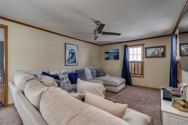 living area with crown molding, baseboards, and light colored carpet