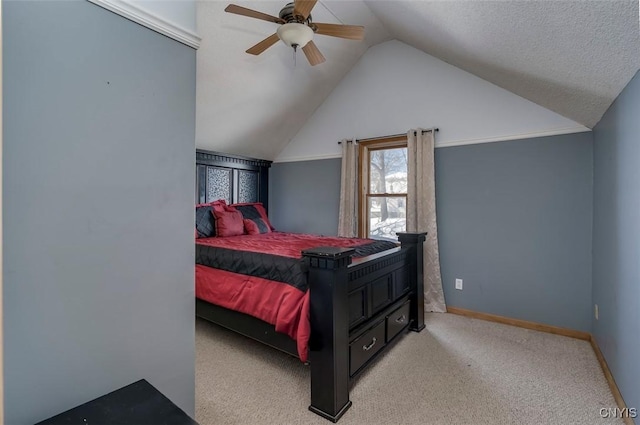 bedroom featuring baseboards, vaulted ceiling, a ceiling fan, and light colored carpet