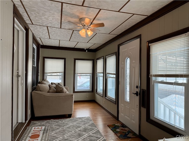 entryway with light wood-type flooring, a wealth of natural light, and a ceiling fan