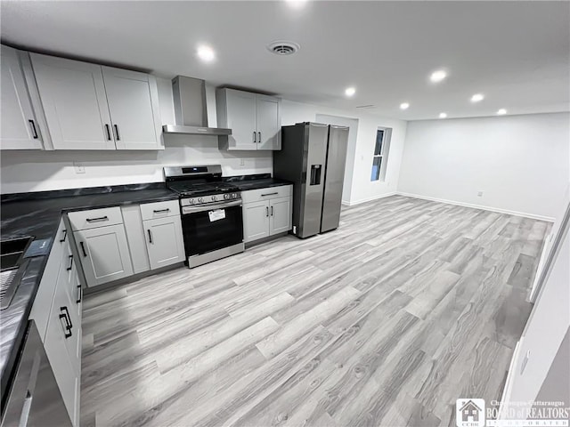 kitchen featuring visible vents, dark countertops, stainless steel appliances, wall chimney range hood, and recessed lighting