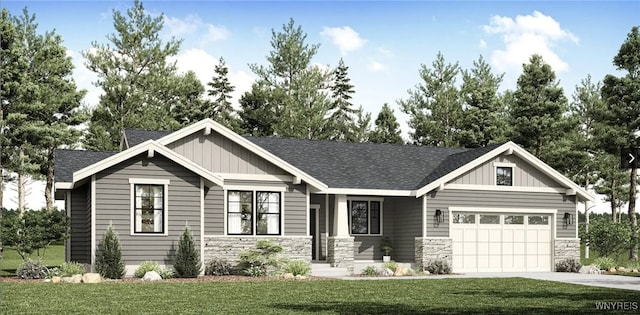 view of front of house with a garage, stone siding, board and batten siding, and driveway