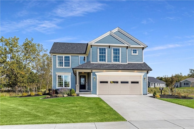 view of front of house featuring a garage, concrete driveway, a shingled roof, and a front lawn