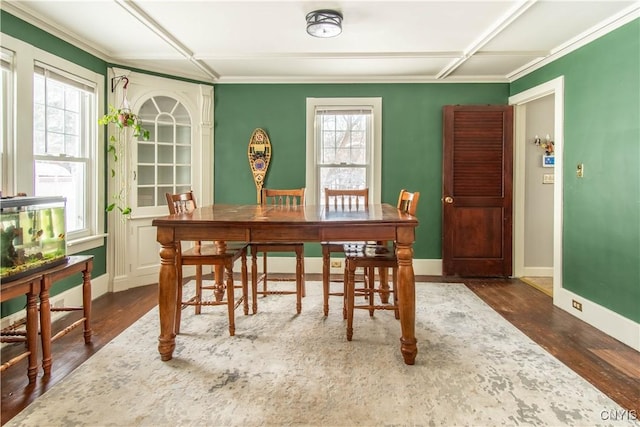 dining space with coffered ceiling, dark wood finished floors, and baseboards