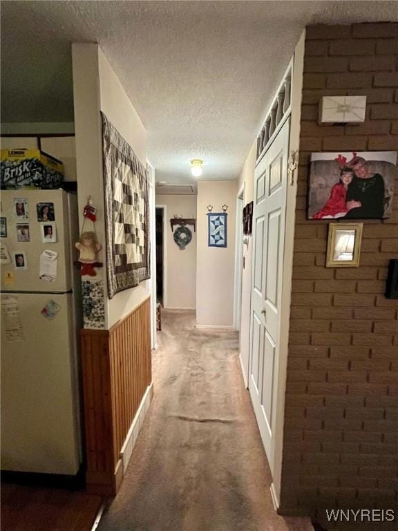 corridor featuring carpet floors and a textured ceiling