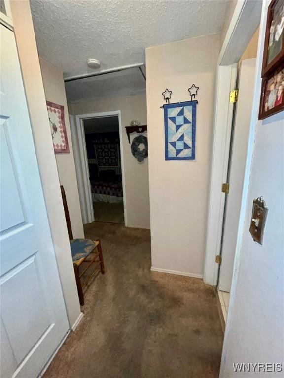 hall featuring carpet floors and a textured ceiling