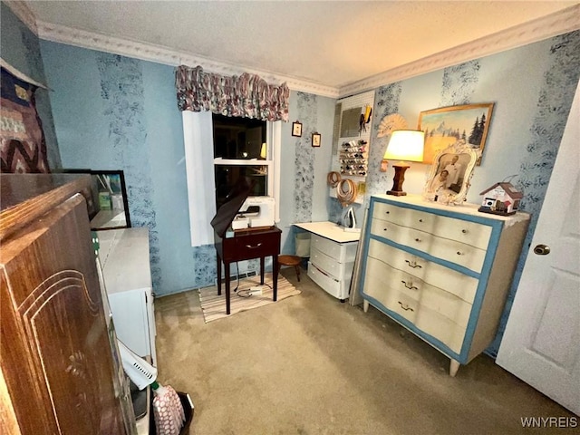 interior space with carpet floors and crown molding