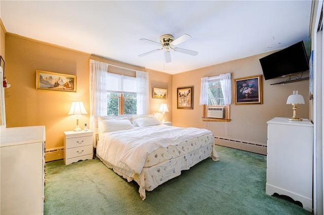 bedroom featuring a baseboard radiator, dark carpet, ceiling fan, and cooling unit