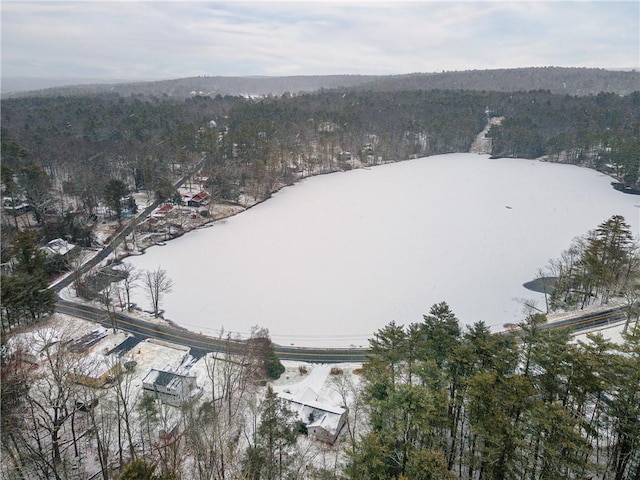 snowy aerial view featuring a forest view