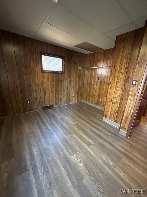 basement featuring wood walls and wood finished floors