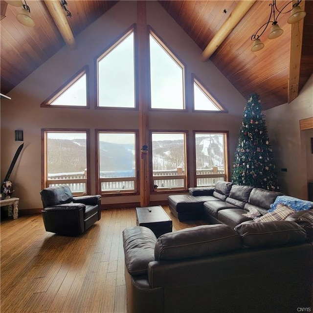 living area featuring high vaulted ceiling, wooden ceiling, beam ceiling, and light wood-style floors