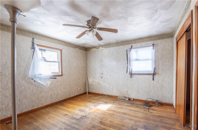 interior space with multiple windows, baseboards, and wood finished floors