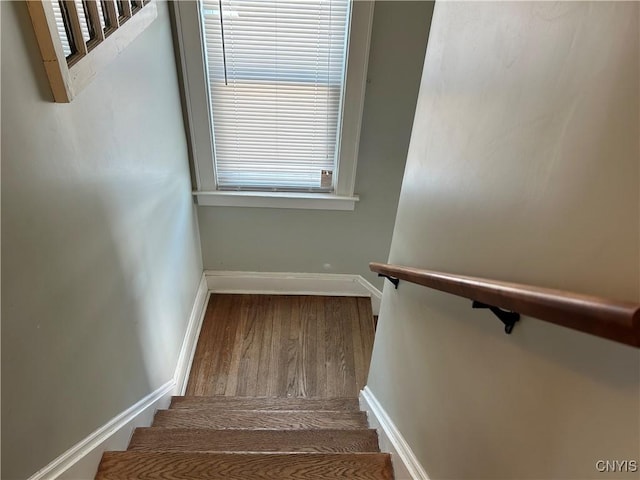 staircase featuring wood finished floors and baseboards