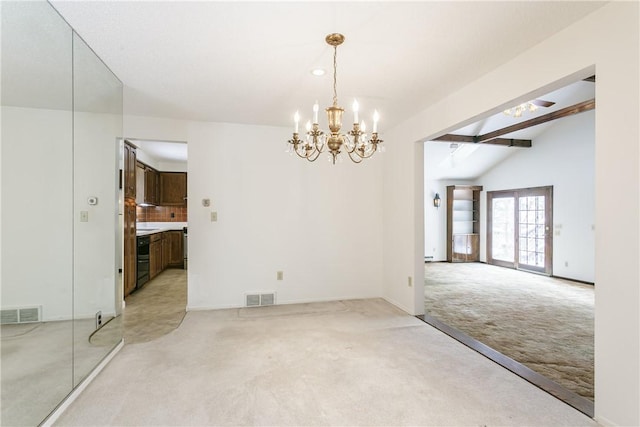 unfurnished room with light carpet, an inviting chandelier, lofted ceiling with beams, and visible vents