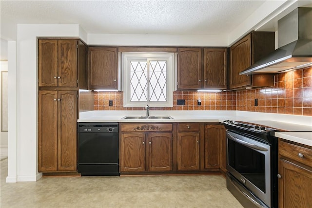 kitchen featuring black dishwasher, light countertops, a sink, stainless steel range with electric stovetop, and wall chimney exhaust hood