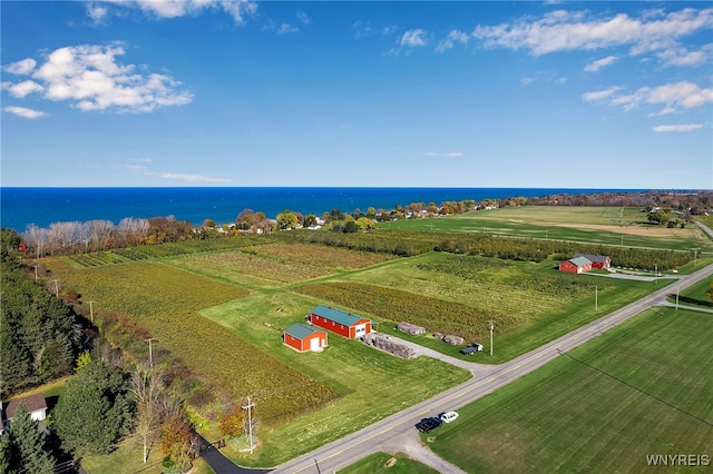 bird's eye view featuring a water view and a rural view