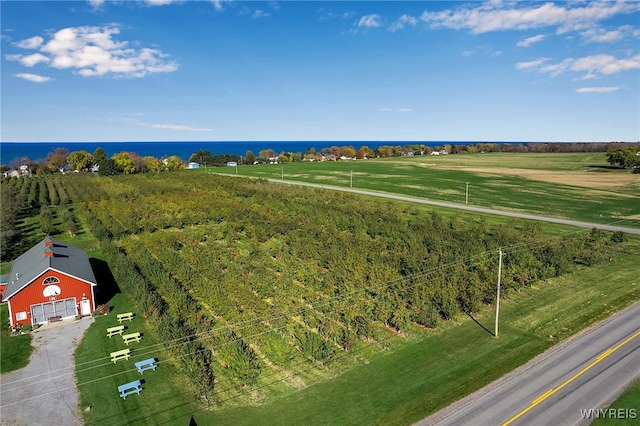 bird's eye view featuring a rural view and a water view