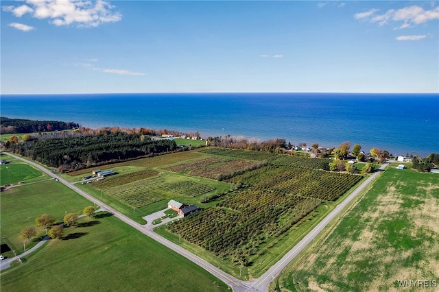 birds eye view of property with a water view and a rural view