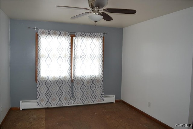 unfurnished room with a baseboard heating unit, ceiling fan, and baseboards