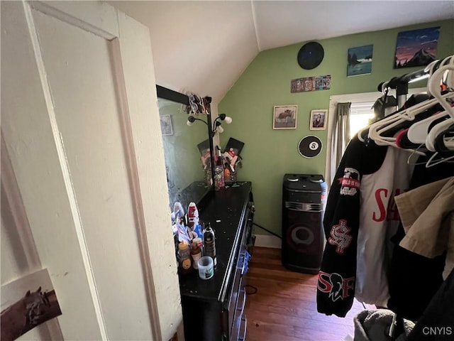 bedroom with lofted ceiling and dark wood finished floors