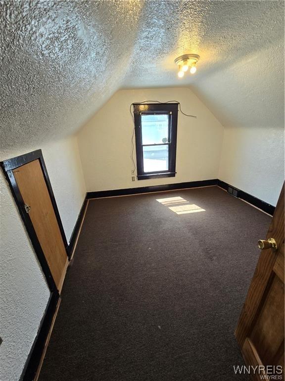 additional living space featuring carpet floors, lofted ceiling, a textured ceiling, and baseboards