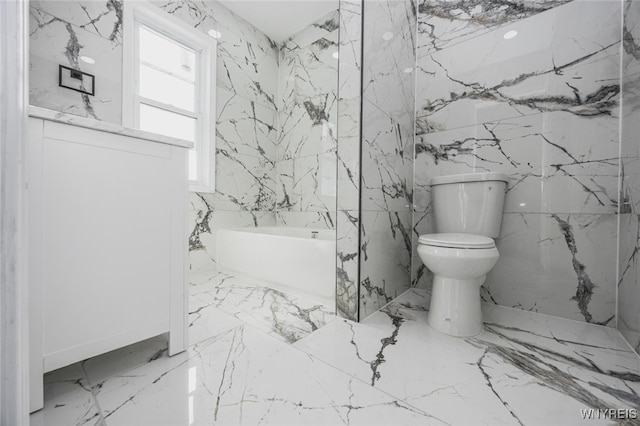 full bath with marble finish floor, stone wall, and toilet