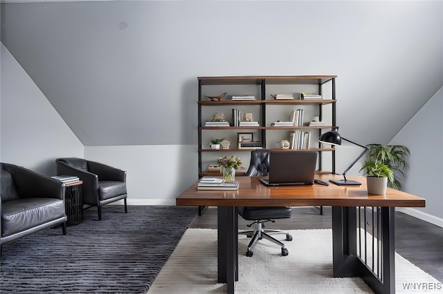 home office featuring dark wood-style floors and baseboards