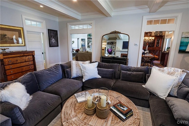 living area with ornamental molding, arched walkways, beamed ceiling, and recessed lighting