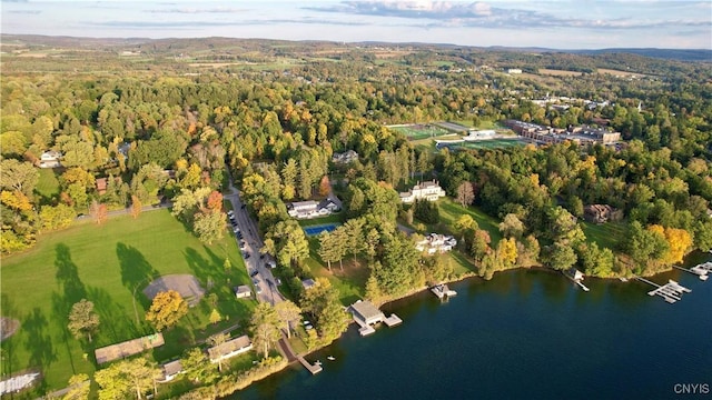 drone / aerial view featuring a water view and a forest view