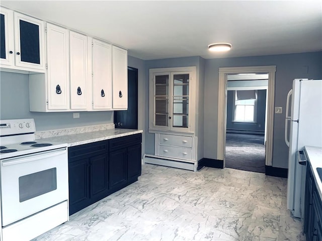 kitchen with light countertops, a baseboard heating unit, white appliances, marble finish floor, and white cabinets