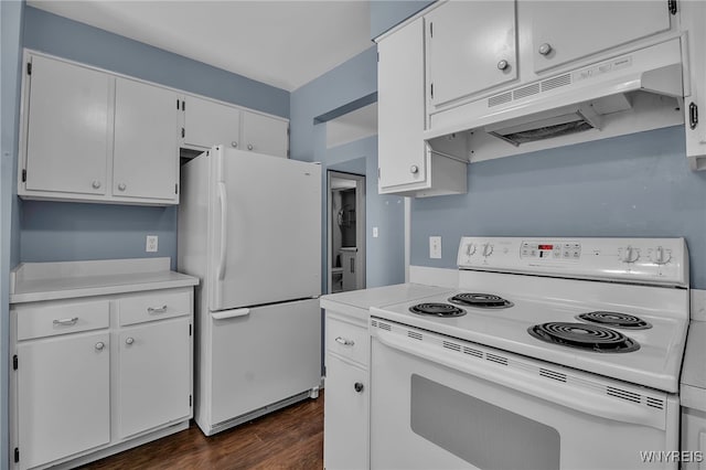 kitchen featuring white appliances, under cabinet range hood, white cabinets, and light countertops