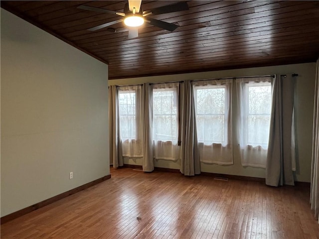 empty room featuring visible vents, wood ceiling, ceiling fan, wood finished floors, and baseboards