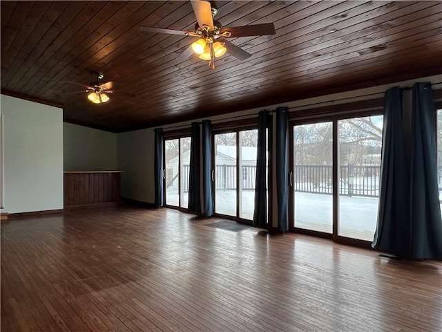 unfurnished room with baseboards, dark wood-style flooring, wooden ceiling, and a healthy amount of sunlight