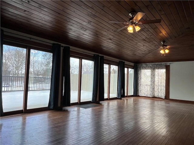 interior space featuring lofted ceiling, ceiling fan, wood ceiling, and a healthy amount of sunlight