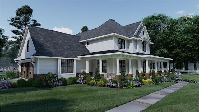 view of front of property with a front yard, covered porch, and brick siding