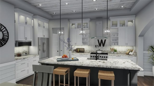 kitchen with open shelves, a spacious island, and glass insert cabinets