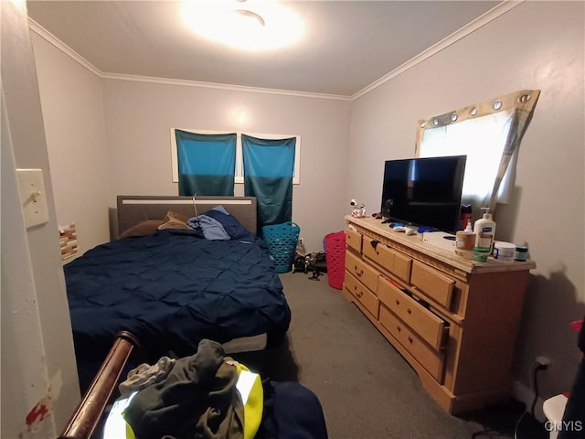 bedroom with carpet and crown molding